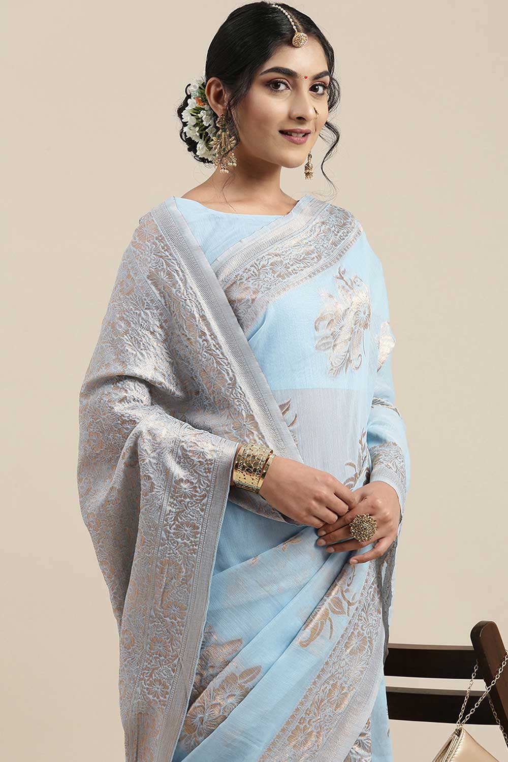 Linen Floral Woven Saree In Turquoise