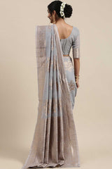 Linen Floral Woven Saree In Grey