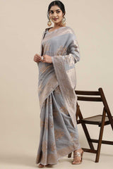 Linen Floral Woven Saree In Grey