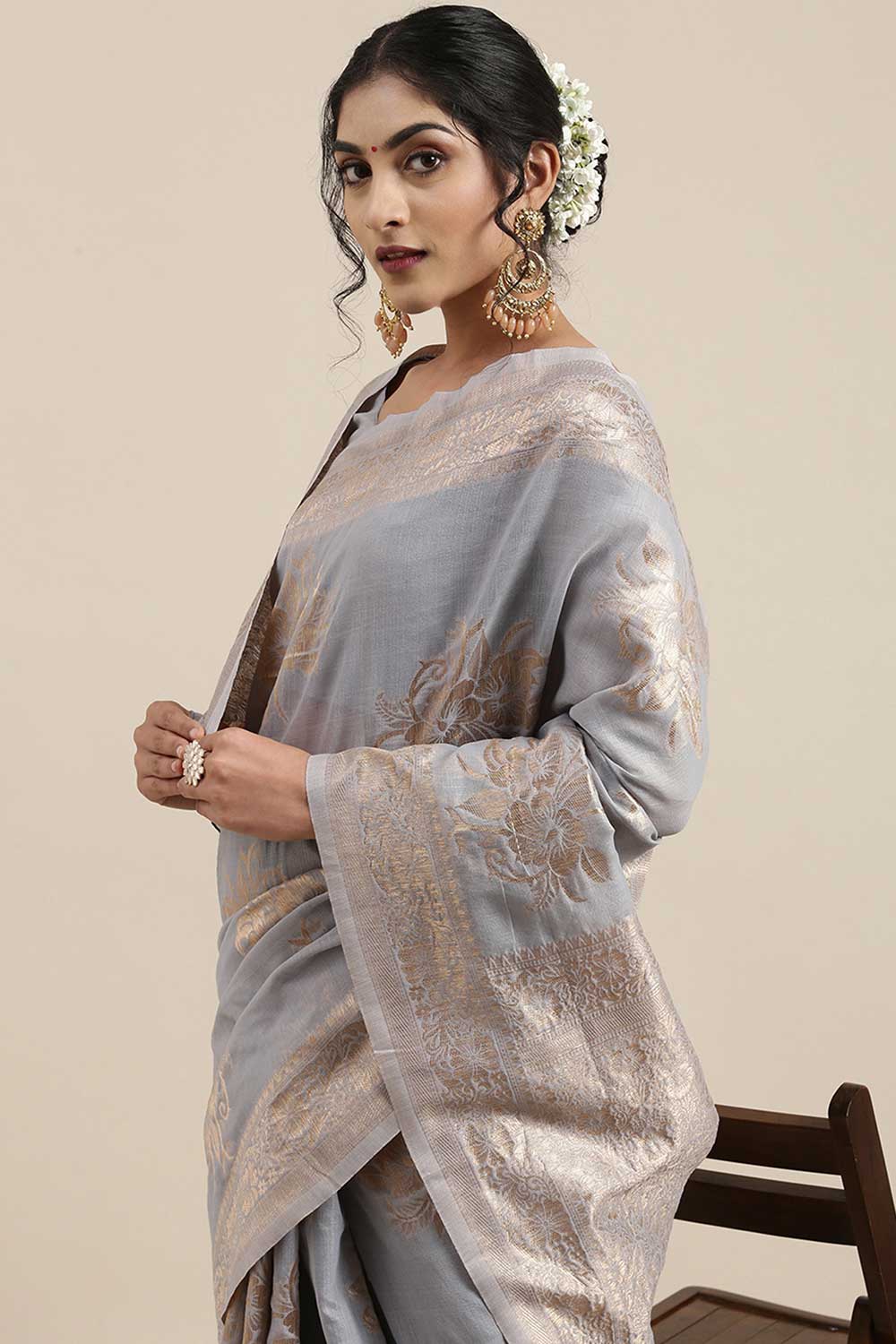 Linen Floral Woven Saree In Grey