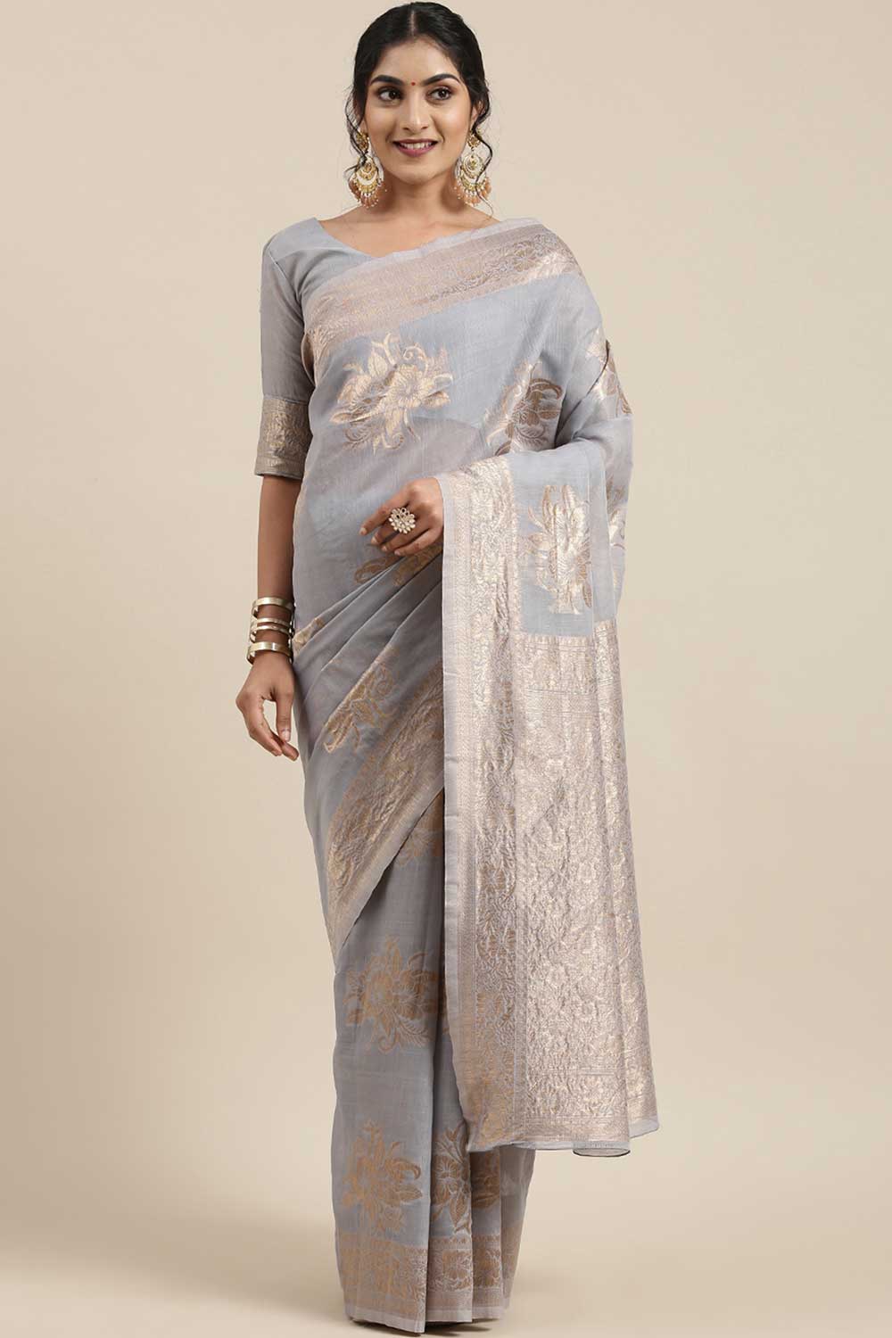 Linen Floral Woven Saree In Grey