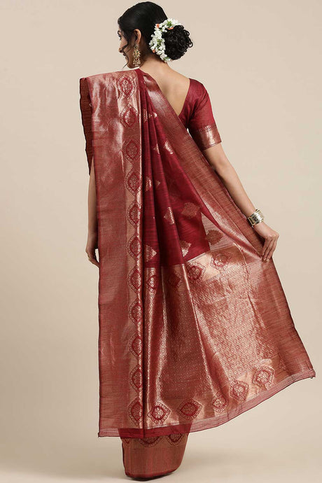 Linen Floral Woven Saree In Maroon