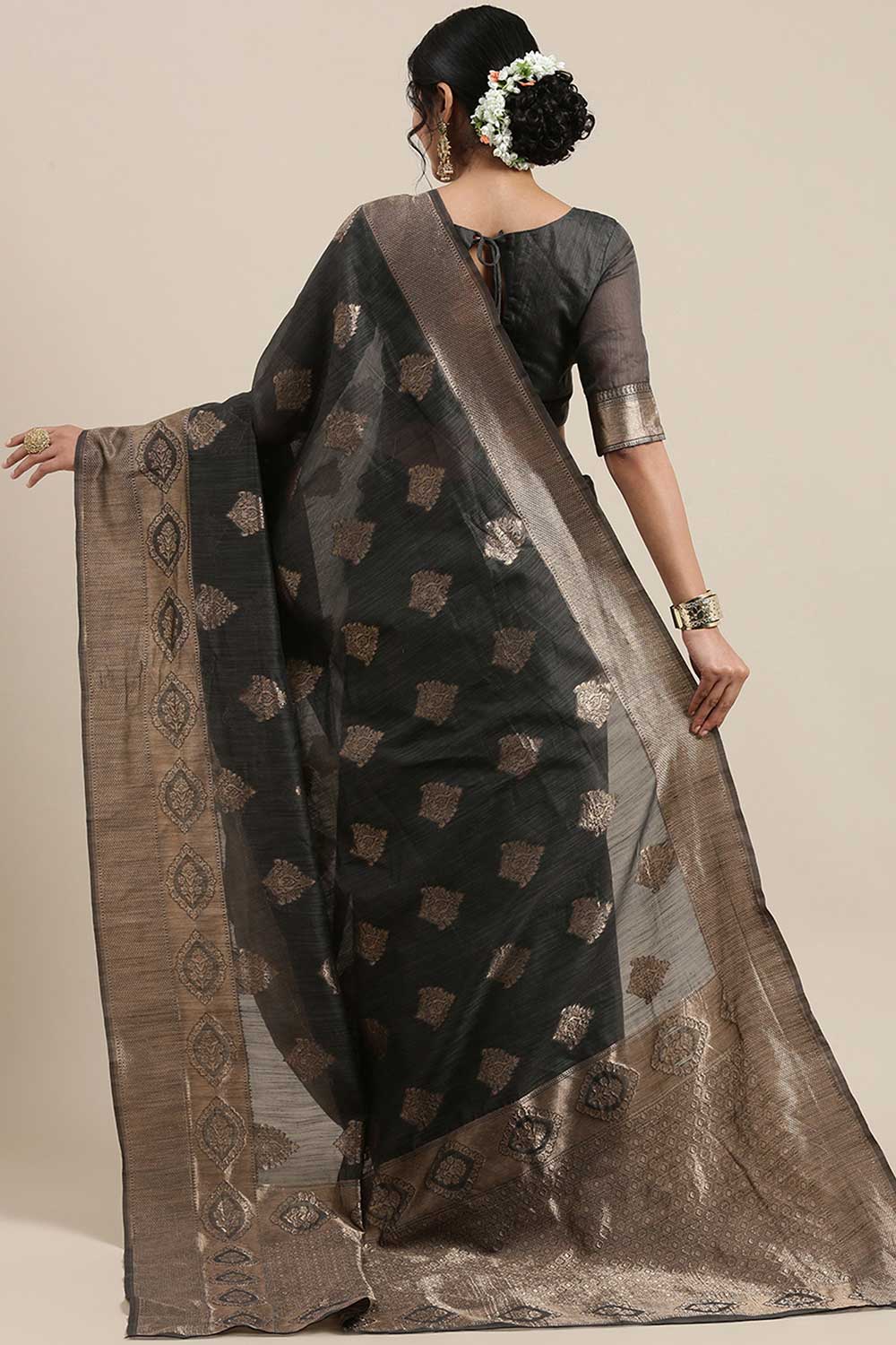 Linen Floral Woven Saree In Grey