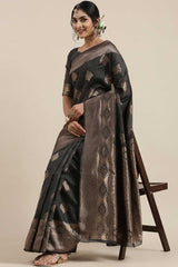 Linen Floral Woven Saree In Grey