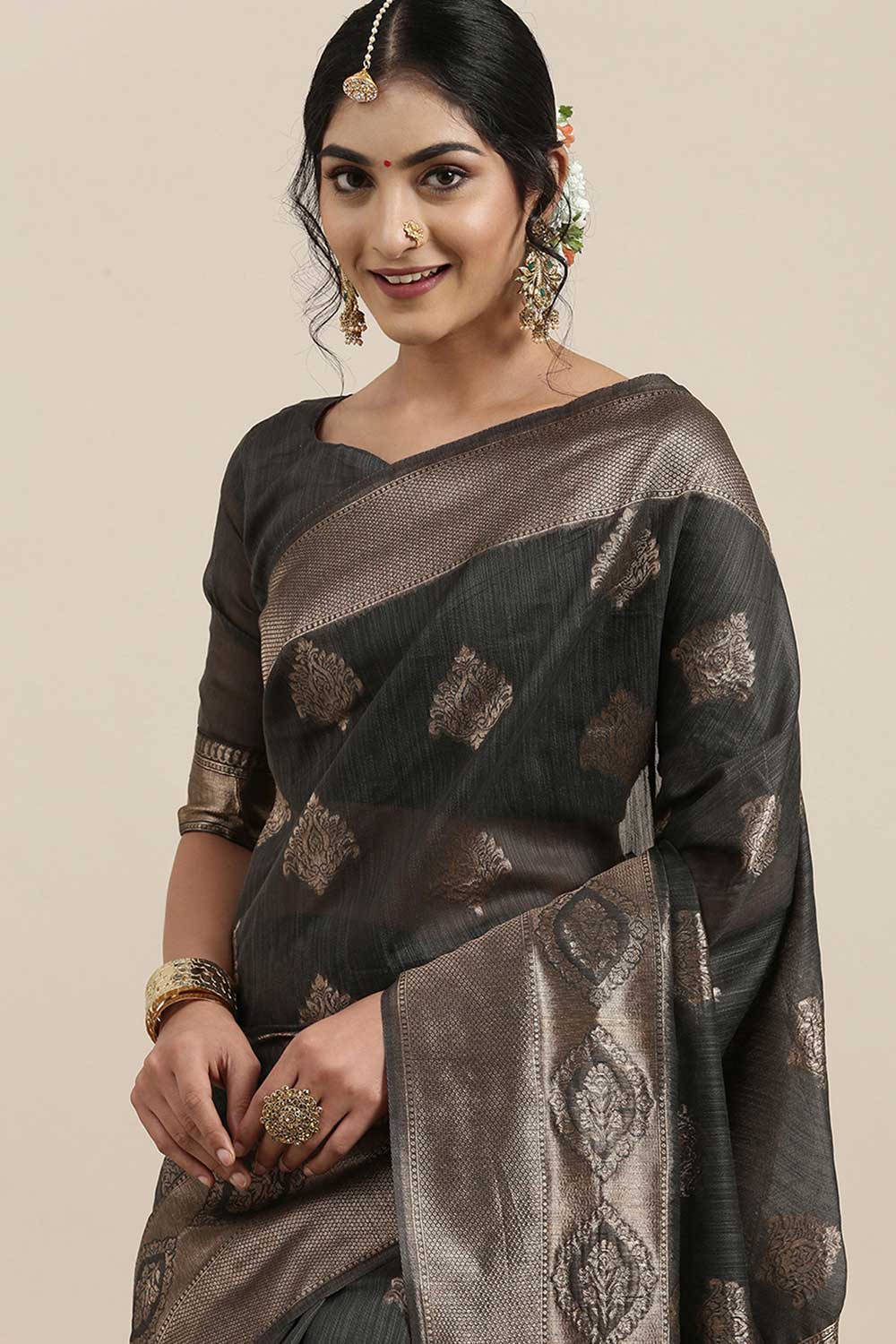 Linen Floral Woven Saree In Grey