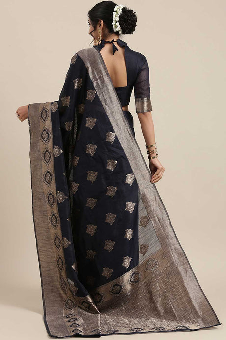 Linen Floral Woven Saree In Navy Blue