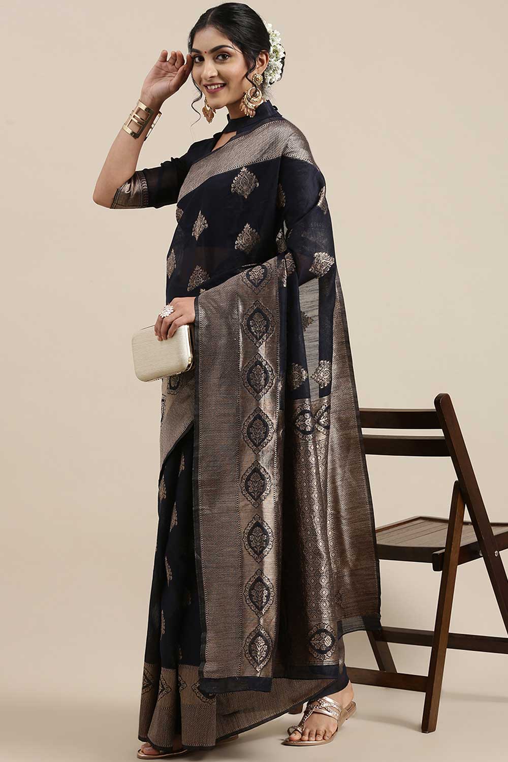 Linen Floral Woven Saree In Navy Blue