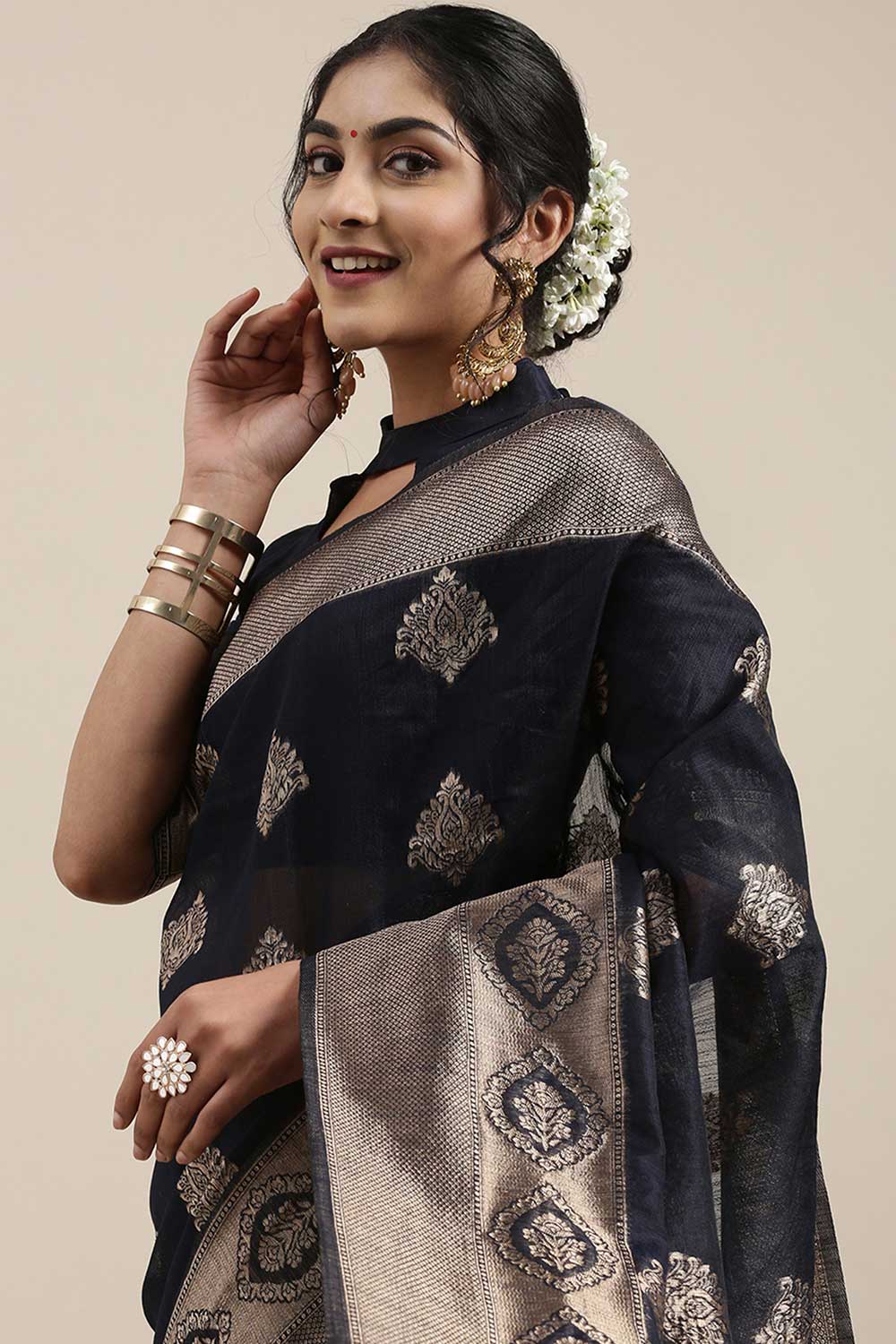 Linen Floral Woven Saree In Navy Blue