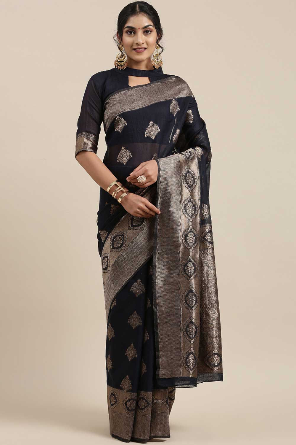 Linen Floral Woven Saree In Navy Blue