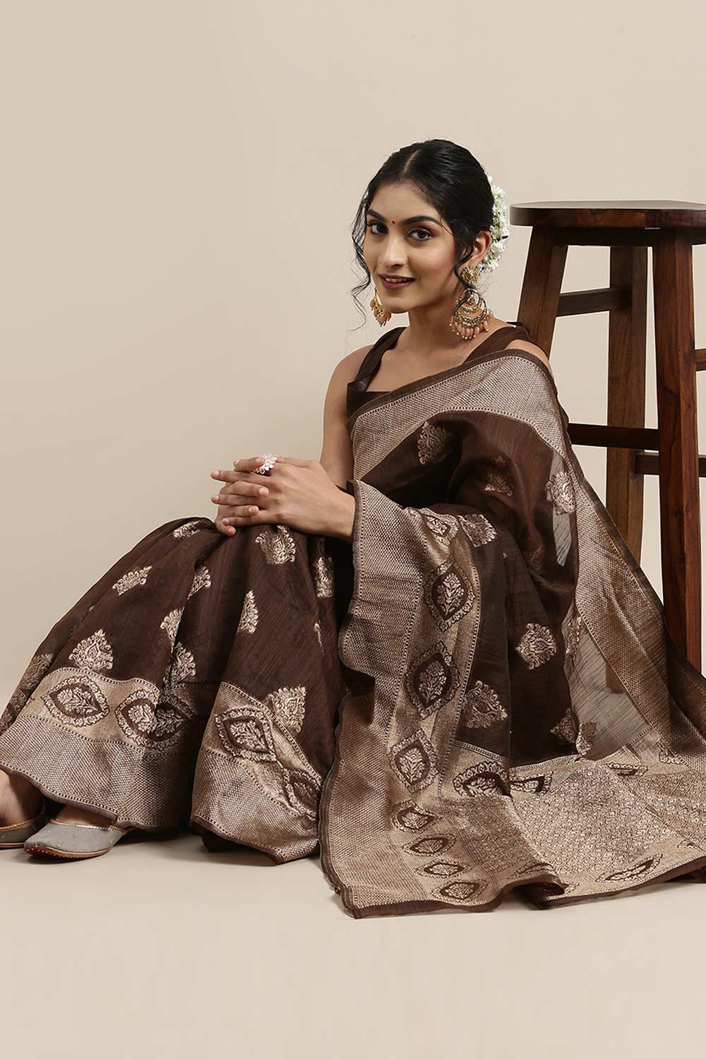 Linen Brown Woven Design Woven Saree