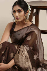 Linen Brown Woven Design Woven Saree