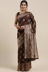 Linen Brown Woven Design Woven Saree