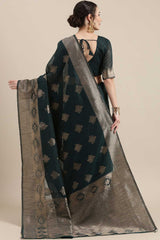 Linen Floral Woven Saree In Teal Green