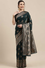 Linen Floral Woven Saree In Teal Green