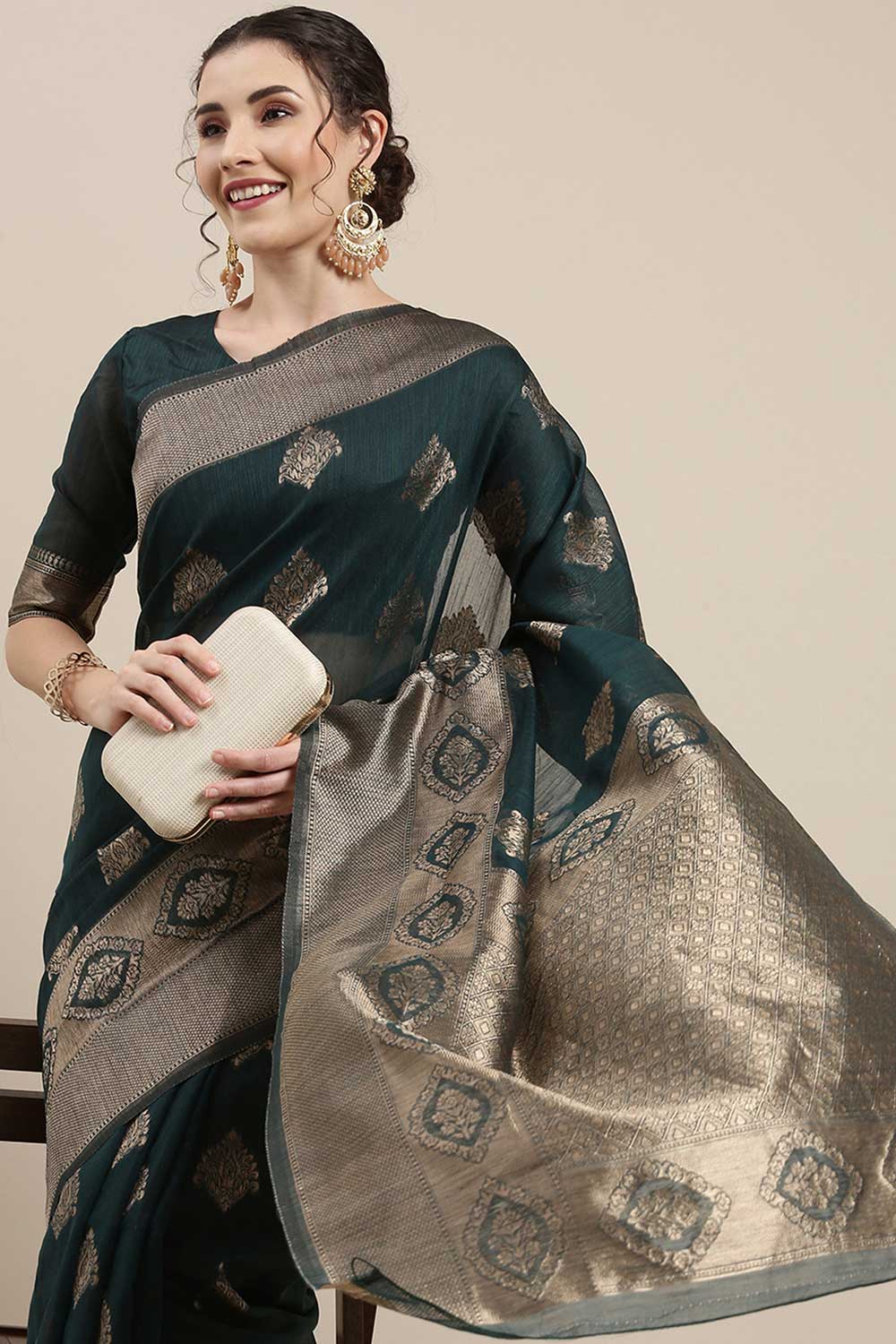 Linen Floral Woven Saree In Teal Green