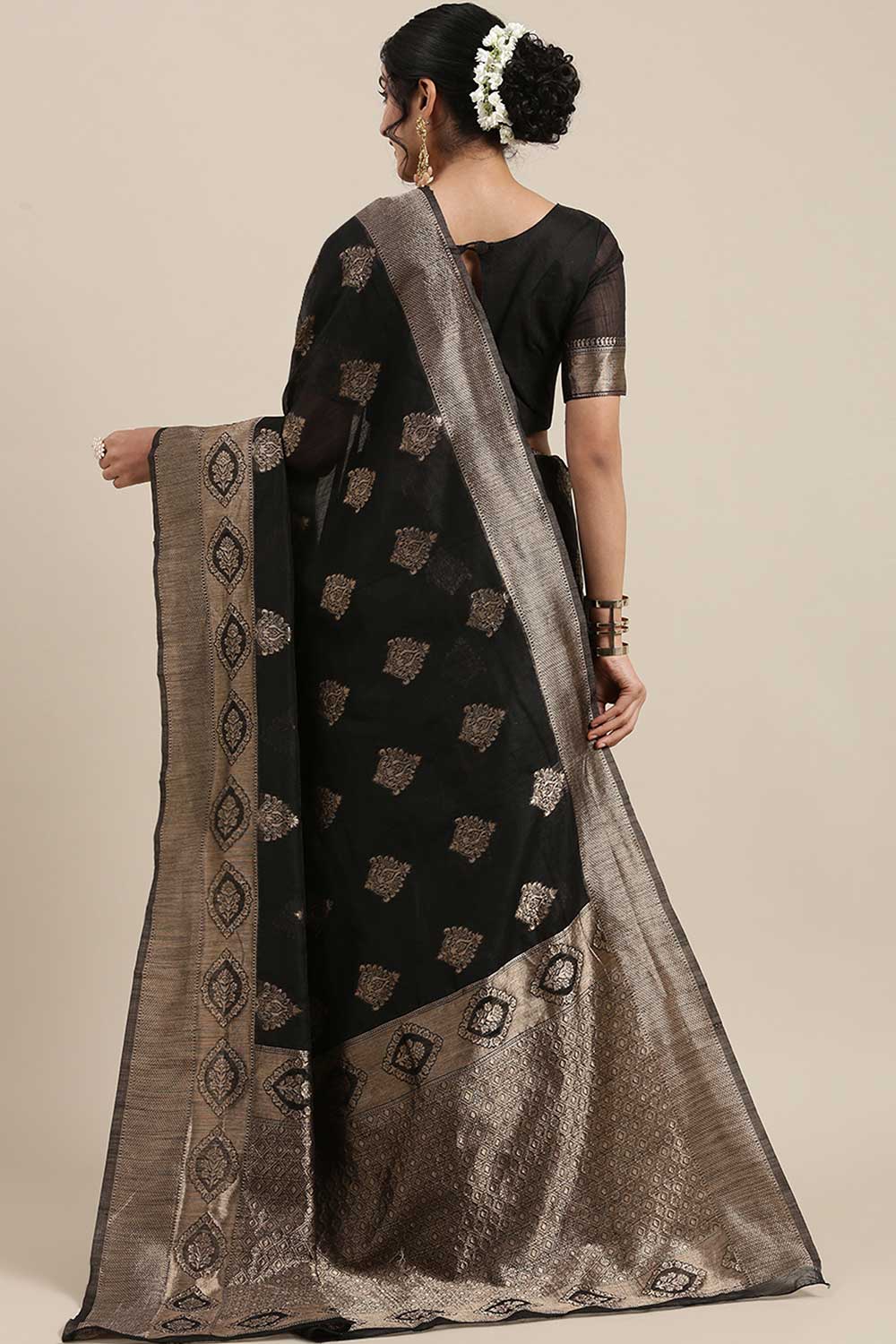 Linen Floral Woven Saree In Black