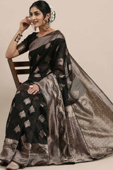 Linen Floral Woven Saree In Black