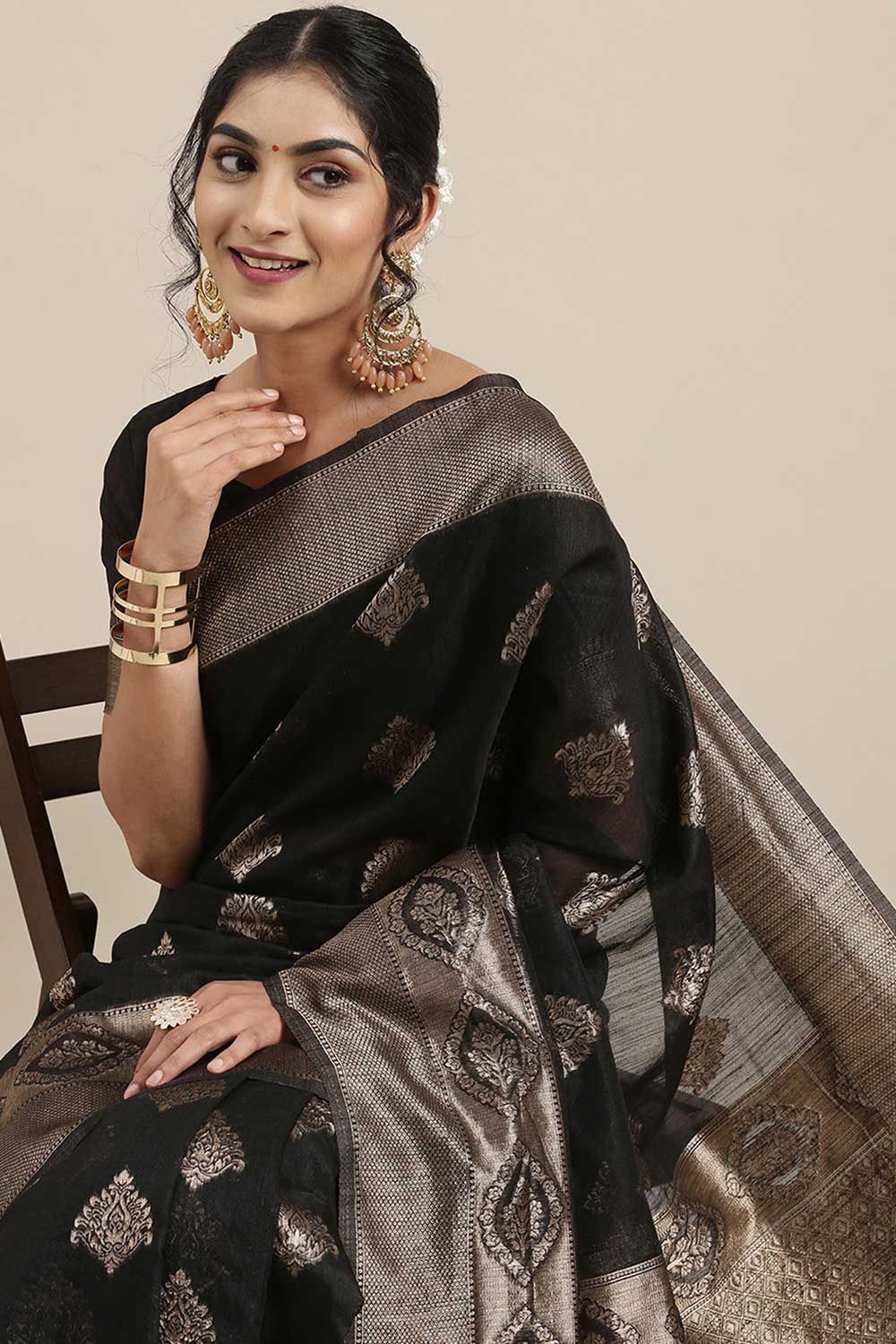 Linen Floral Woven Saree In Black