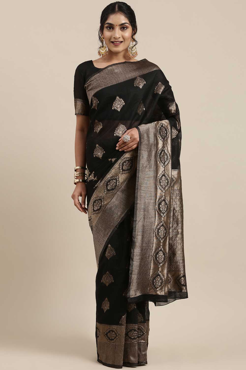 Linen Floral Woven Saree In Black