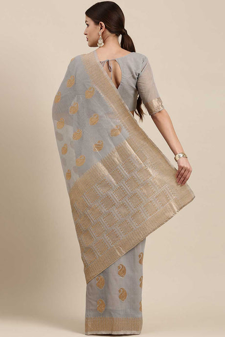 Blended Linen Bagh Saree In Grey