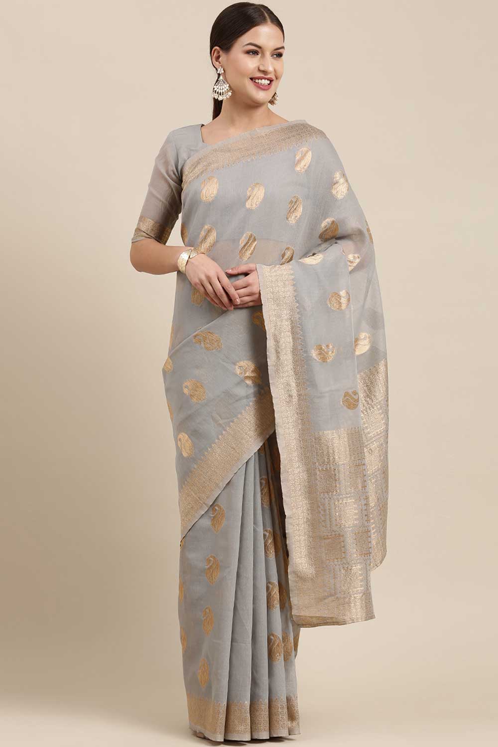 Blended Linen Bagh Saree In Grey