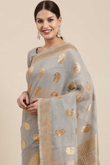 Blended Linen Bagh Saree In Grey