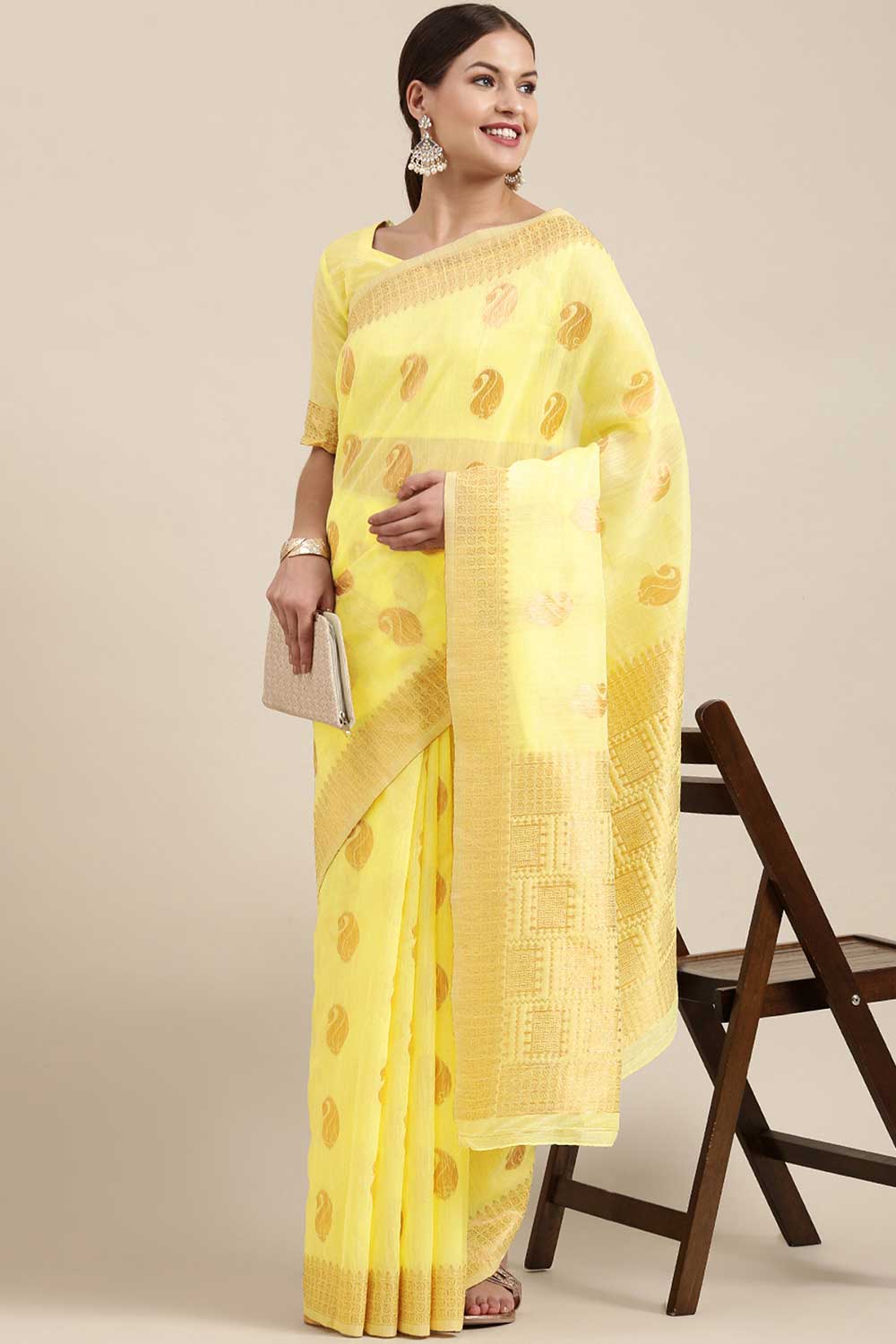 Blended Linen Bagh Saree In Lemon Yellow