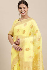 Blended Linen Bagh Saree In Lemon Yellow