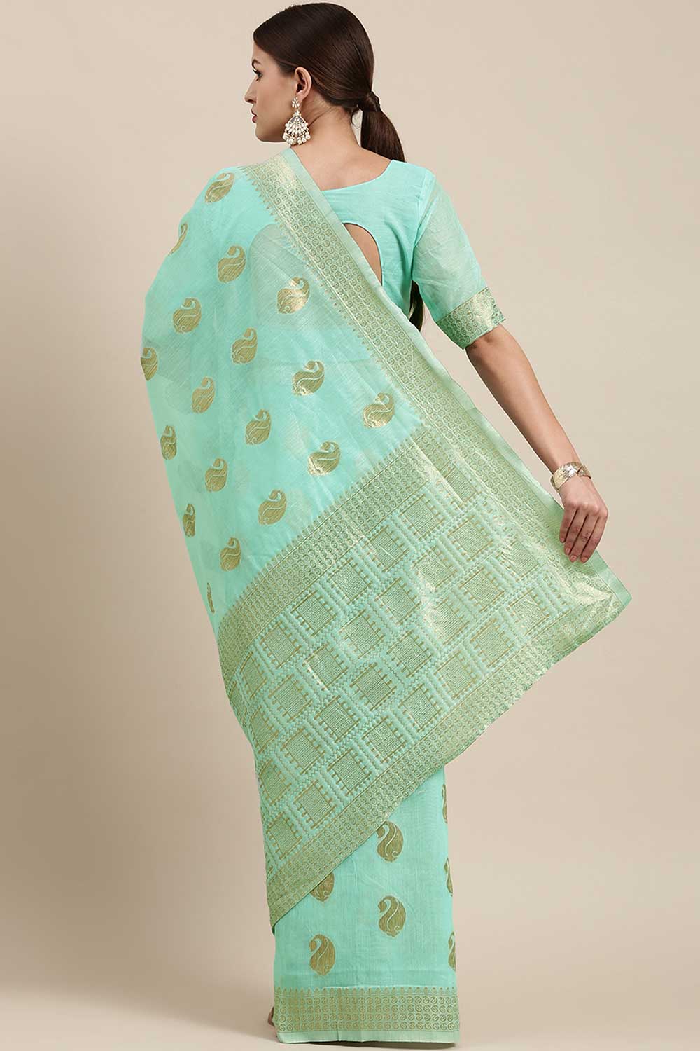 Blended Linen Bagh Saree In Sea Green