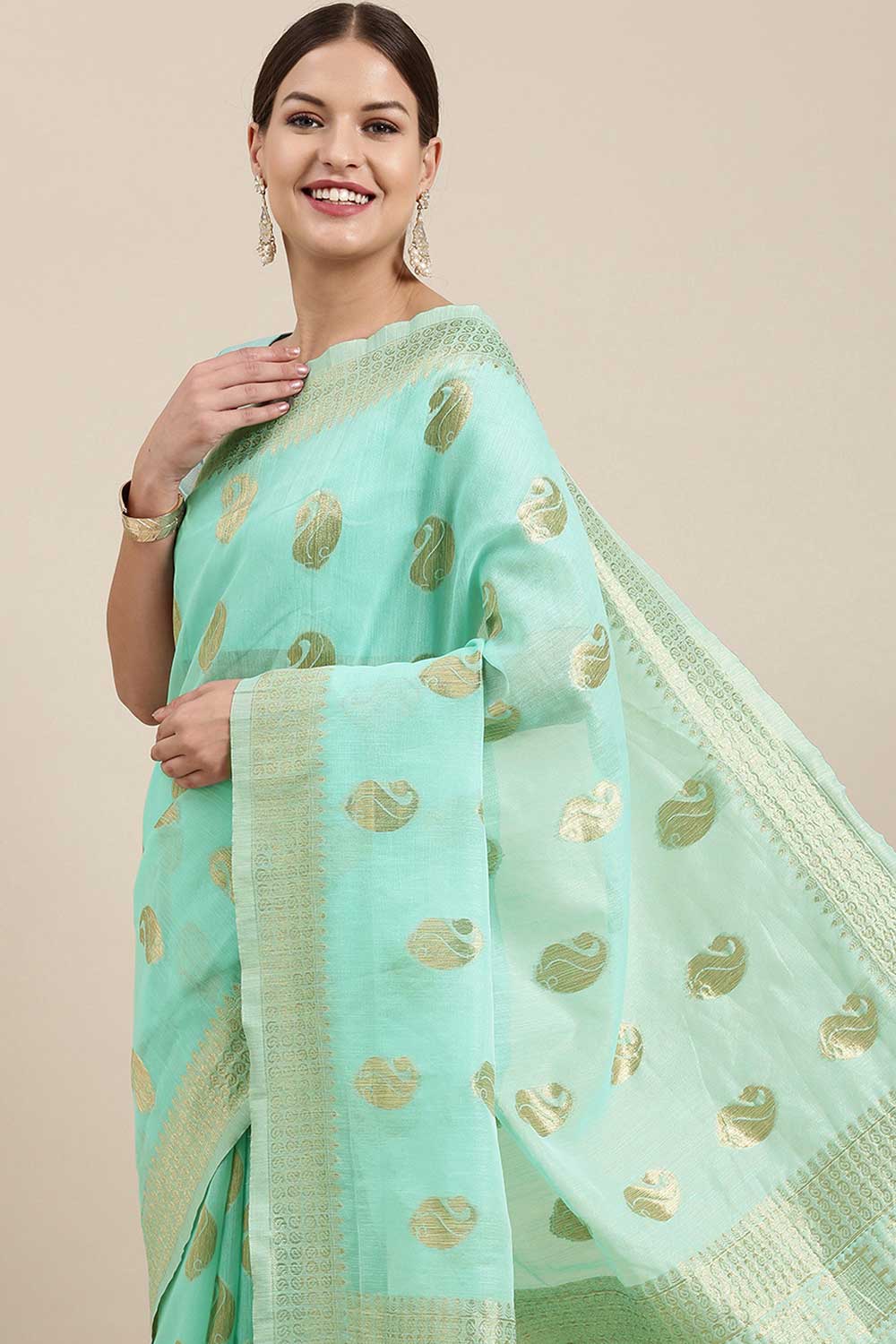 Blended Linen Bagh Saree In Sea Green