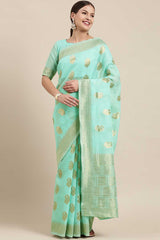 Blended Linen Bagh Saree In Sea Green