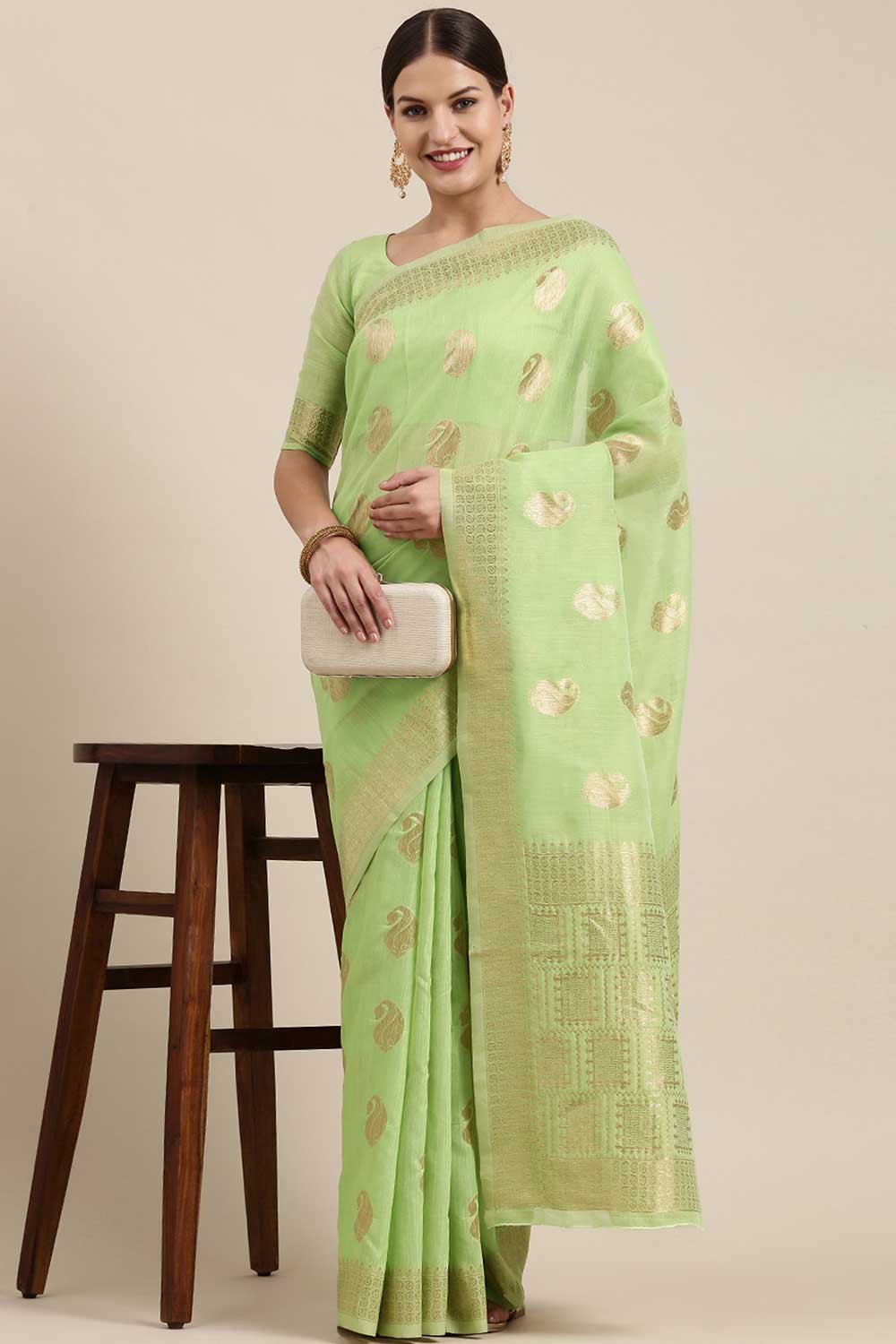 Blended Linen Bagh Saree In Green