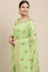 Blended Linen Bagh Saree In Green