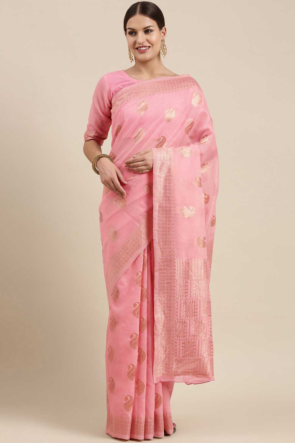 Blended Linen Bagh Saree In Pink