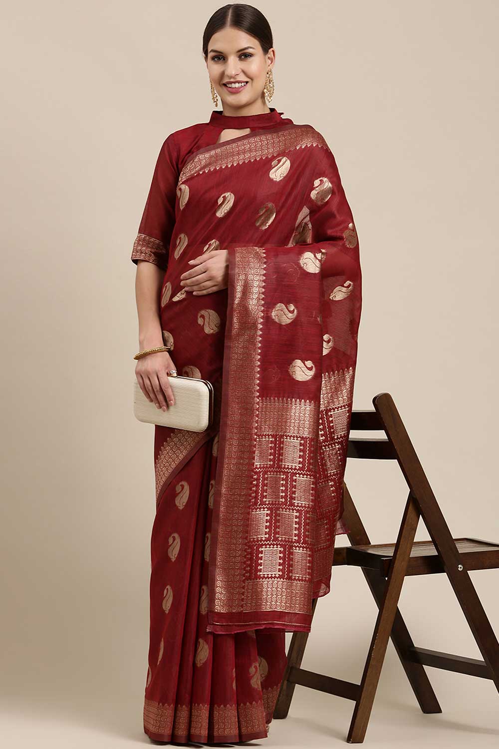 Blended Linen Bagh Saree In Maroon