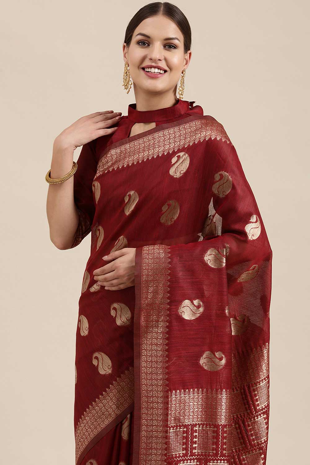 Blended Linen Bagh Saree In Maroon