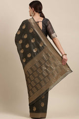 Blended Linen Bagh Saree In Charcoal Grey