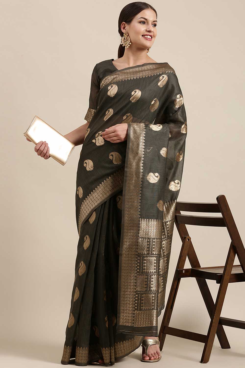 Blended Linen Bagh Saree In Charcoal Grey