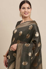 Blended Linen Bagh Saree In Charcoal Grey