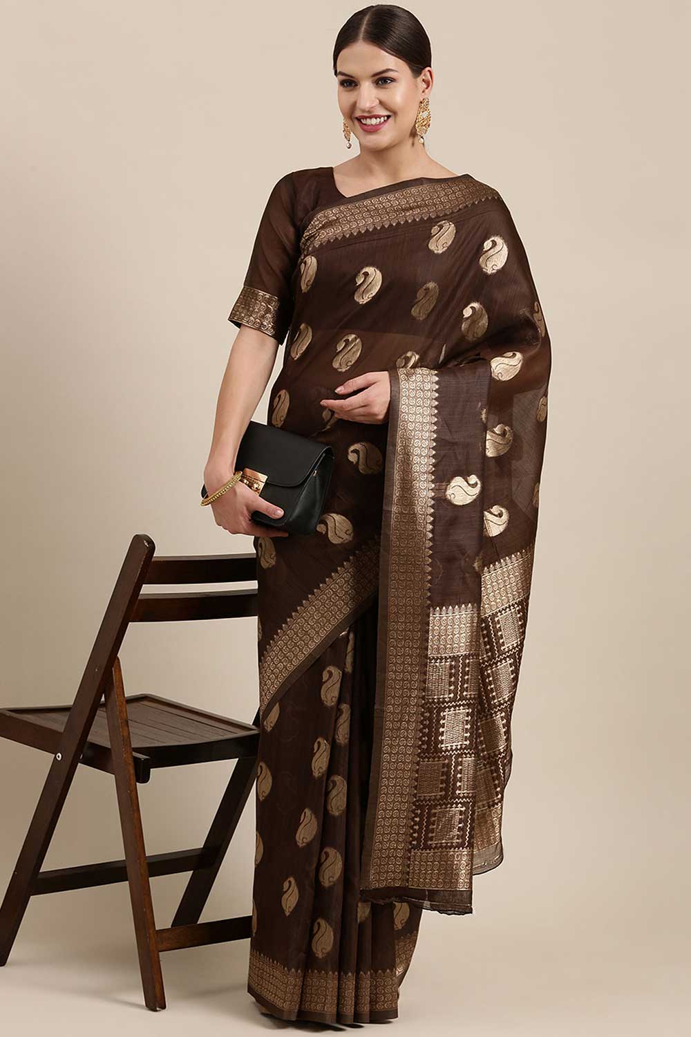 Blended Linen Bagh Saree In Brown