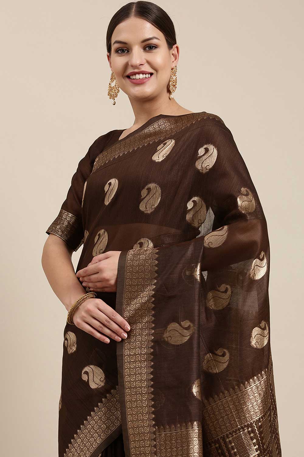 Blended Linen Bagh Saree In Brown