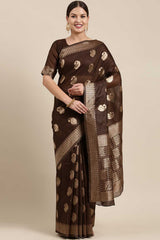 Blended Linen Bagh Saree In Brown