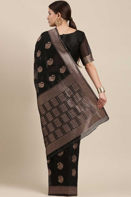 Blended Linen Bagh Saree In Black