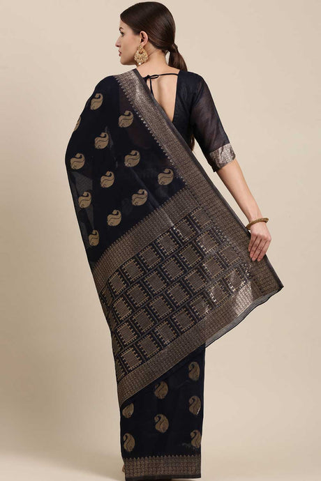 Blended Linen Bagh Saree In Navy Blue