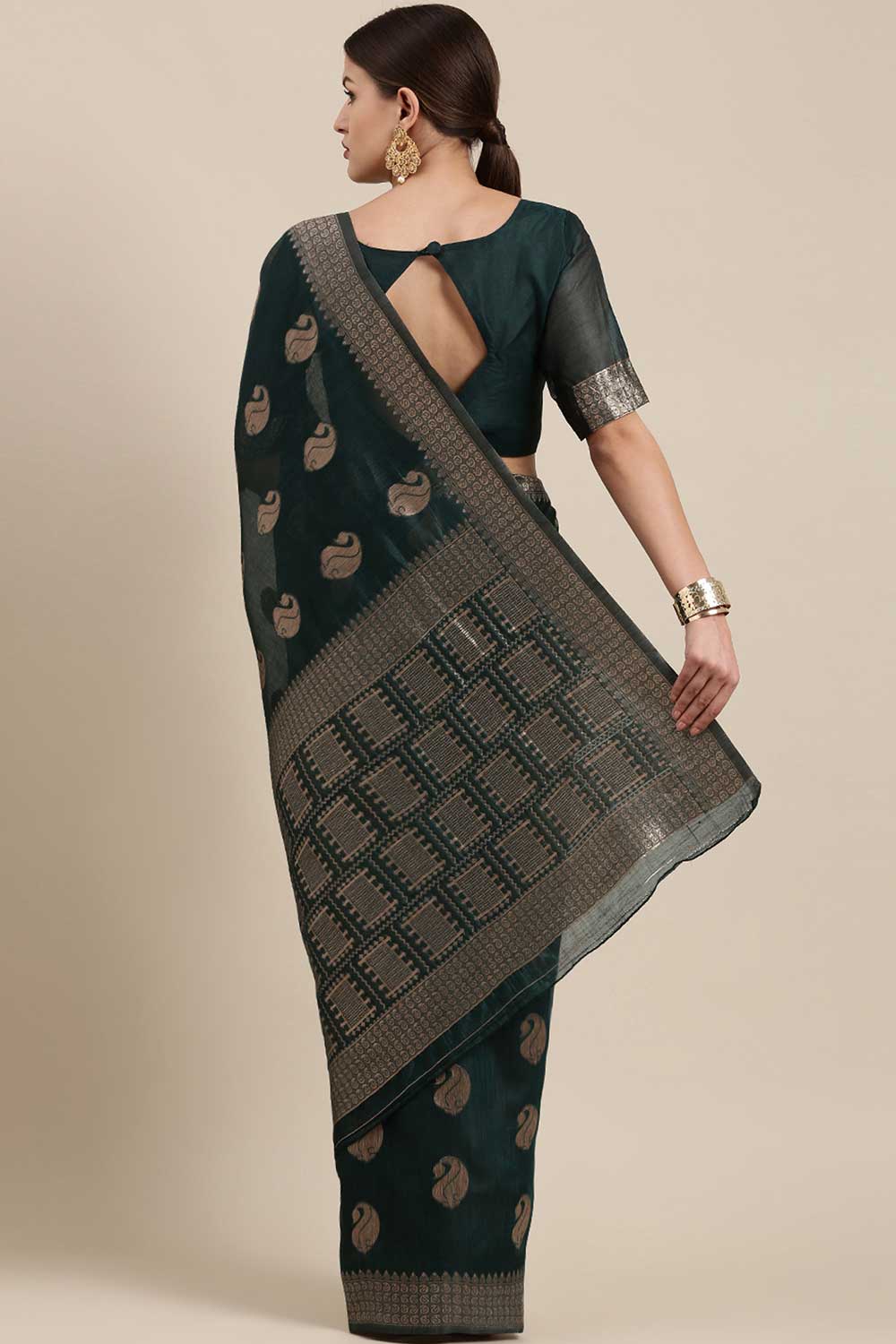 Blended Linen Bagh Saree In Teal Blue