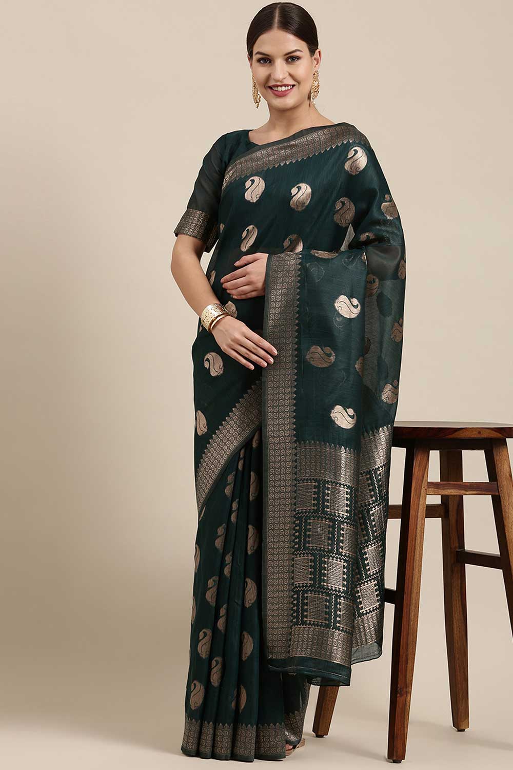 Blended Linen Bagh Saree In Teal Blue