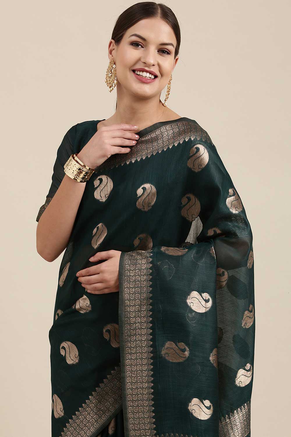 Blended Linen Bagh Saree In Teal Blue