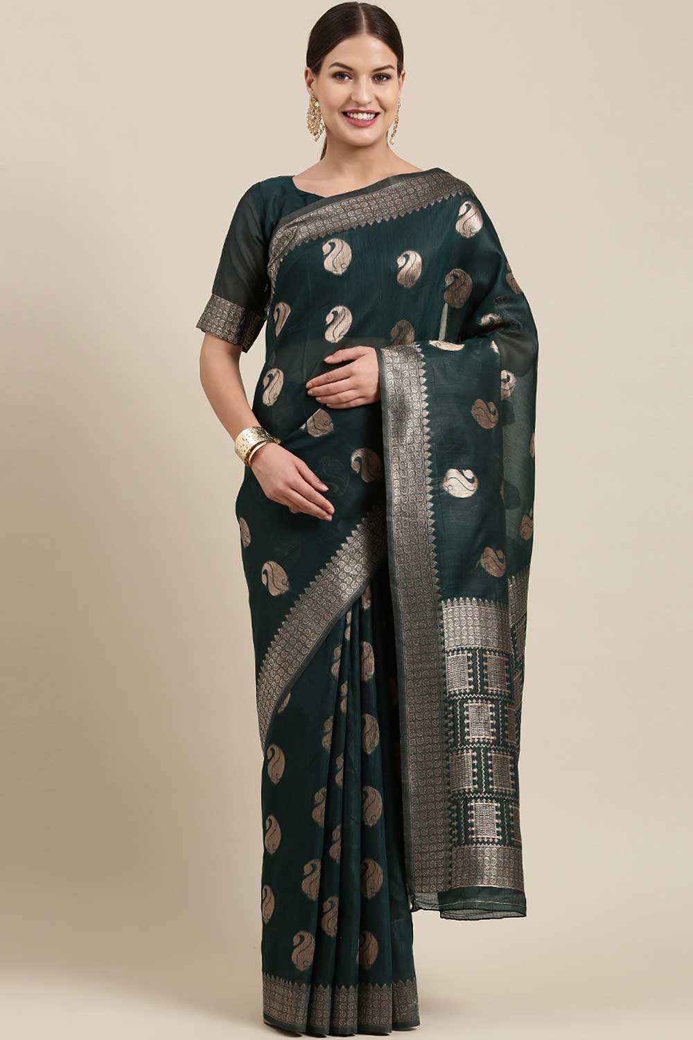 Blended Linen Bagh Saree In Teal Blue