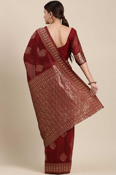 Blended Linen Bagh Saree In Maroon