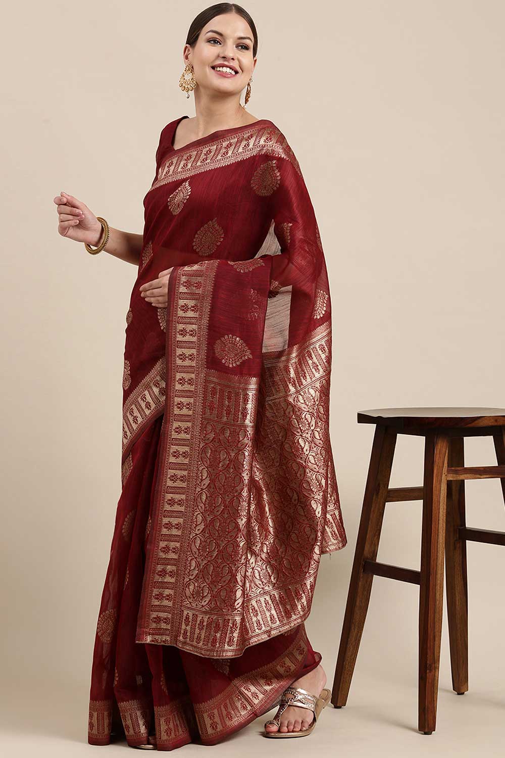 Blended Linen Bagh Saree In Maroon